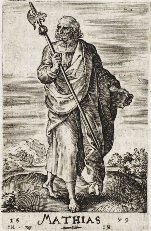 Matthias, St. Matthias, Christ and the twelve apostles, and St. Paul, print, book illustration, Landscape with the apostle Matthias. In one hand he holds a book, in the other a halberd., printmaker: attributed to Johannes Wierix, Antwerp, publisher: Nicolaes de Clerck, Delft, 1579, 1609, Attributed to, paper, engraving, letterpress printing, gravure, verso letterpress, height 59 mm x width 38 mm, Print used as illustration in: Const-toonneel, inhoudende de beschrijvinghe ende XL. Wonderful images of them: Our Lord Jesus Christ, with his apostles and the evangelists, together with the chief virtues and the vices. And finally the seven planets. Carved in copper by Johannis Wierix. The description is, 1609., the apostle and martyr Matthias, possible attributes: ax, book, cross, halberd, scroll, sword, A standing robed figure with long hair and an aged face holds a long staff topped with an ornate axe-like head in one hand and a closed book in the other, wearing layered draped garments and...
