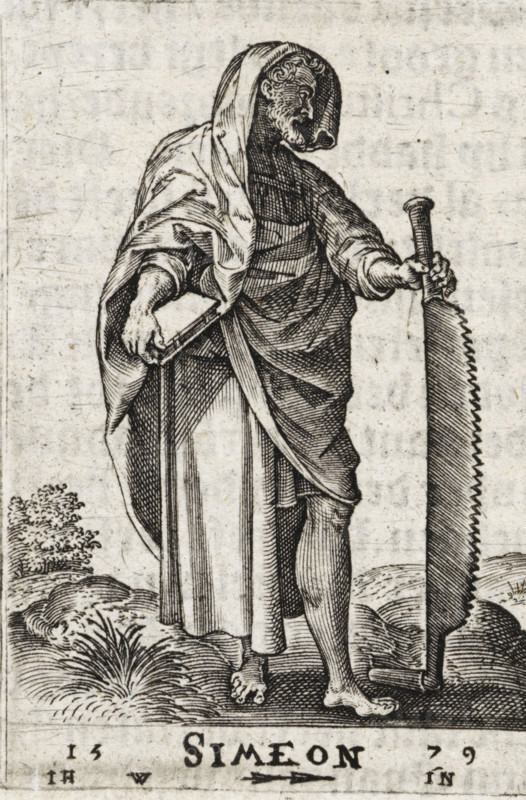 H. Simon Zelotes, Simeon, Christ and the twelve apostles, and H. Paulus, print, book illustration, Landscape with the apostle Simon Zelotes. In one hand he holds a book, in the other a saw., printmaker: attributed to Johannes Wierix, Antwerp, publisher: Nicolaes de Clerck, Delft, 1579, 1609, Attributed to, paper, engraving, letterpress printing, gravure, verso letterpress, height 57 mm x width 39 mm, Print used as illustration in: Const-toonneel, inhoudende de beschrijvinghe ende XL. Wonderful images of them: Our Lord Jesus Christ, with his apostles and the evangelists, together with the chief virtues and the vices. And finally the seven planets. Carved in copper by Johannis Wierix. The description is, 1609., the apostle Simon Zelotes (or Simon the Canaanite), possible attributes: book, saw, scroll, A monochrome engraved figure stands barefoot on textured ground, draped in layered robes with a hood covering the head and partially shadowing a bearded profile; one hand rests on a tall se...
