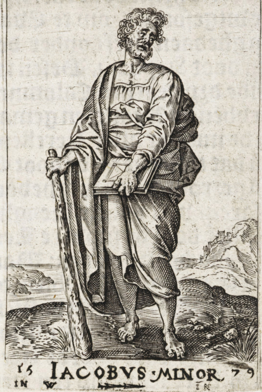 St. James the Less, Jacobus Minor, Christ and the twelve apostles, and St. Paul, print, book illustration, Landscape with the apostle James the Less. In one hand he holds a book, in the other a fuller's club., printmaker: attributed to Johannes Wierix, Antwerp, after design by Johannes Wierix, publisher: Nicolaes de Clerck, Delft, 1579, 1609, Johannes Wierix, Nicolaes de Clerck, printmaker, publisher, Attributed to, paper, engraving, letterpress printing, gravure, verso letterpress, height 58 mm x width 38 mm, Print used as illustration in: Const-toonneel, inhoudende de beschrijvinghe ende XL. Wonderful images of them: Our Lord Jesus Christ, with his apostles and the evangelists, together with the chief virtues and the vices. And finally the seven planets. Carved in copper by Johannis Wierix. The description is, Delft: Nicolaes de Clerck, 1609., the apostle James the Less, first bishop of Jerusalem, possible attributes: book, fuller's club, scroll, A standing bearded man in flowing dra...