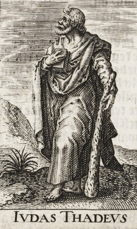 H. Judas Thaddeus, Ivdas Thadevs, Christ and the twelve apostles, and Saint Paul, print, book illustration, Landscape with the apostle Judas Thaddeus. In one hand he holds a book, in the other a bat., printmaker, after design by, publisher, Antwerp, Delft, Johannes Wierix, paper, engraving, letterpress printing, verso letterpress, height 61 mm x width 39 mm, Print used as an illustration in: Const-toonneel, containing the description and XL. Wonderful images of them: Our Lord Jesus Christ, with his apostles and the evangelists, together with the chief virtues and the vices. And finally the seven planets. Carved in copper by Johannis Wierix. The description is, Delft: Nicolaes de Clerck, 1609., the apostle Jude Thaddaeus, possible attributes: book, club, halberd, scroll, An engraved figure of a bearded man wearing draped robes is shown standing on textured ground, one hand held to his chest and the other holding a long, rough staff that reaches to the ground; he is barefoot and his head...