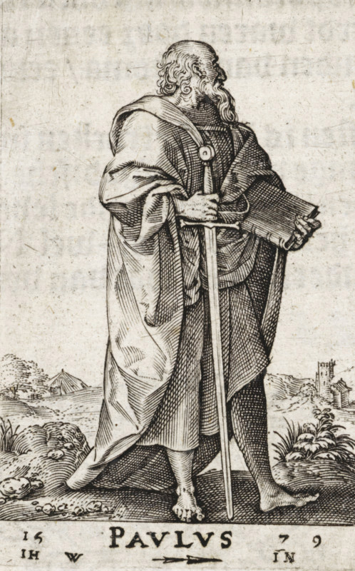 St. Paul of Tarsus, Pavlos, Christ and the twelve apostles, and St. Paul, print, book illustration, Landscape with the apostle Paul of Tarsus. In one hand he holds a book, in the other a sword., printmaker: attributed to Johannes Wierix, Antwerp, publisher: Nicolaes de Clerck, Delft, 1579, 1609, Attributed to, paper, engraving, letterpress printing, gravure, verso letterpress, height 58 mm x width 37 mm, Print used as illustration in: Const-toonneel, inhoudende de beschrijvinghe ende XL. Wonderful images of them: Our Lord Jesus Christ, with his apostles and the evangelists, together with the chief virtues and the vices. And finally the seven planets. Carved in copper by Johannis Wierix. The description is, 1609., the apostle Paul of Tarsus, possible attributes: book, scroll, sword, An engraved figure of an older man standing in profile wearing a long draped robe with detailed folds, holding a long upright staff with one hand near its top and a rolled or folded book in the other, with a...