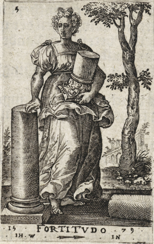 Strength, Fortification, Seven Virtues and Knowledge, print, book illustration, Series number, 5, 8, Landscape with the female personification of Strength. She stands next to a column and holds the capital under her arm., printmaker: Johannes Wierix, Antwerp, publisher: Nicolaes de Clerck, Delft, 1579, 1609, paper, engraving, letterpress printing, gravure, verso letterpress, height 57 mm x width 36 mm, Print used as illustration in: Const-toonneel, inhoudende de beschrijvinghe ende XL. Wonderful images of them: Our Lord Jesus Christ, with his apostles and the evangelists, together with the chief virtues and the vices. And finally the seven planets. Carved in copper by Johannis Wierix. The description is, 1609., Fortitude, 'Fortitudo', one of the Four Cardinal Virtues, A womanlike figure in a flowing dress with puffed sleeves stands with one hand resting on a fluted column and the other holding a tall, cylindrical hat and a small decorative shield; her hair is curled and arranged atop h...