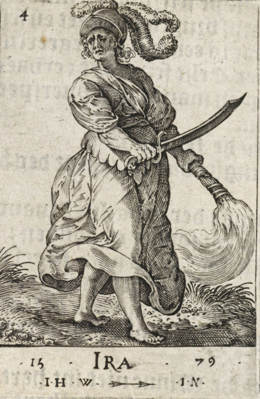 Ira, Wrath, Seven Deadly Sins, print, book illustration, Series number, 4, 7, Landscape with the female personification of Wrath (Ira). In her hands she holds a sword and a burning torch., printmaker: Johannes Wierix, Antwerp, publisher: Nicolaes de Clerck, Delft, 1579, 1609, paper, engraving, letterpress printing, gravure, verso letterpress, height 59 mm x width 39 mm, Print used as illustration in: Const-toonneel, inhoudende de beschrijvinghe ende XL. Wonderful images of them: Our Lord Jesus Christ, with his apostles and the evangelists, together with the chief virtues and the vices. And finally the seven planets. Carved in copper by Johannis Wierix. The description is, 1609., Anger, 'Ira' (Ripa), personification of one of the Seven Deadly Sins, A black and white engraved figure of a person wearing a long flowing dress and a headwrap with a large plume, standing barefoot on textured ground with grass tufts, the figure turned in profile with a solemn facial expression and curly hair v...