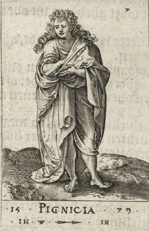 Pignicia, Laziness, Seven Deadly Sins, print, book illustration, Series number, 7, Landscape with the female personification of Laziness (Pigritia). She has tucked one hand against her chest under her drapery., printmaker: Johannes Wierix, Antwerp, publisher: Nicolaes de Clerck, Delft, 1579, 1609, paper, engraving, letterpress printing, gravure, verso letterpress, height 59 mm x width 39 mm, Print used as illustration in: Const-toonneel, inhoudende de beschrijvinghe ende XL. Wonderful images of them: Our Lord Jesus Christ, with his apostles and the evangelists, together with the chief virtues and the vices. And finally the seven planets. Carved in copper by Johannis Wierix. The description is, 1609., Sloth, Indolence, 'Acedia', 'Desidia', 'Accidia' (Ripa), personification of one of the Seven Deadly Sins, A black and white engraved figure stands on a textured ground with flowing lines, draped in layered robes that wrap around the shoulders and body with visible folds and shading, one ar...