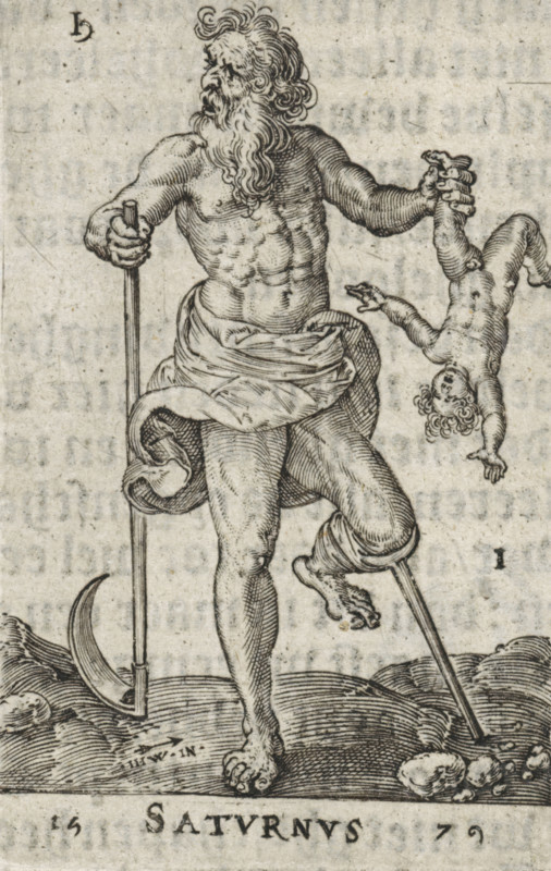 Saturn, Satvrnvs, Gods seated on the seven planets, print, book illustration, Series number, 1, 7, with a wooden crutch on his mutilated leg, holds one of his children in his hands. In his other hand a scythe., printmaker: Johannes Wierix, Antwerp, publisher: Nicolaes de Clerck, Delft, 1579, 1609, paper, engraving, letterpress printing, gravure, verso letterpress, height 56 mm x width 36 mm, Print used as illustration in: Const-toonneel, inhoudende de beschrijvinghe ende XL. Wonderful images of them: Our Lord Jesus Christ, with his apostles and the evangelists, together with the chief virtues and the vices. And finally the seven planets. Carved in copper by Johannis Wierix. The description is, 1609., An aged bearded man with long curly hair and a muscular torso stands with one foot on a raised surface, wearing a draped cloth around his waist and holding a long staff in one hand while gripping a small limp child by the leg with the other; a curved blade rests near the staff, the scene i...