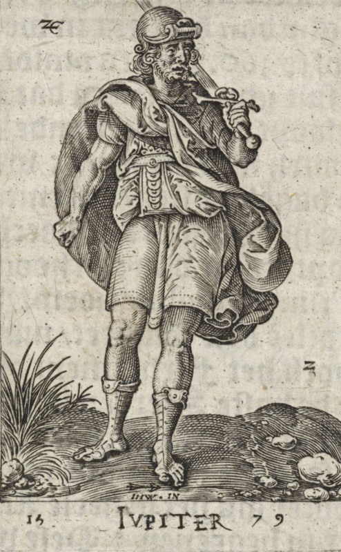 Jupiter, Ivpiter, Gods seated on the seven planets, print, book illustration, Series number, 2, 7, Jupiter in armor, with a sword over his shoulder., printmaker: Johannes Wierix, Antwerp, publisher: Nicolaes de Clerck, Delft, 1579, 1609, paper, engraving, letterpress printing, gravure, verso letterpress, height 57 mm x width 36 mm, Print used as illustration in: Const-toonneel, containing the description and XL. Glorious depictions: Our Lord Jesus Christ, with his apostles and evangelists, together with the cardinal and vice deities. And finally the seven planets. Carved in copper by Johannis Wierix. The description is, 1609., A black and white engraved figure of a bearded man wearing a helmet and a draped cloak that falls over one shoulder, with a patterned breastplate visible beneath the cloak and a short tunic extending to mid-thigh, standing with one arm bent and holding a sword or staff near his shoulder while the other arm hangs at his side; he wears strapped greaves on his lower...