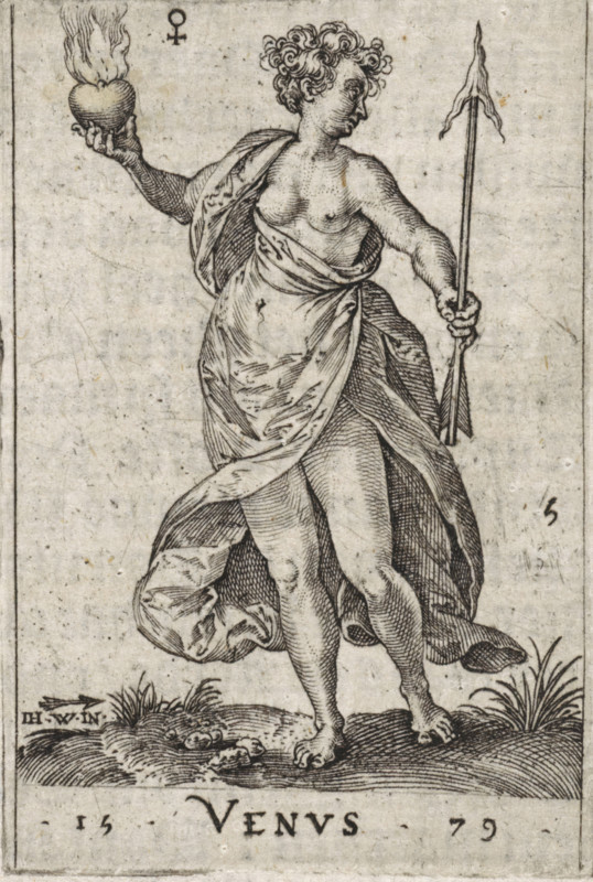 Venvs, Venus, Gods seated on the seven planets, print, book illustration, Series number, 5, 7, Venus in a drapery, in one hand she holds a burning heart, in the other an arrow., printmaker: Johannes Wierix, Antwerp, publisher: Nicolaes de Clerck, Delft, 1579, 1609, paper, engraving, letterpress printing, gravure, verso book print, height 55 mm x width 37 mm, Print used as illustration in: Const-toonneel, inhoudende de beschrijvinghe ende XL. Wonderful images of them: Our Lord Jesus Christ, with his apostles and the evangelists, together with the chief virtues and the vices. And finally the seven planets. Carved in copper by Johannis Wierix. The description is, 1609., A standing classical female figure rendered in black ink on a pale textured background, shown in three-quarter view with curly hair and a partially draped flowing garment that reveals her torso and legs, one arm extended upward holding a heart-shaped object emitting stylized flames and the other arm holding a long slender ...