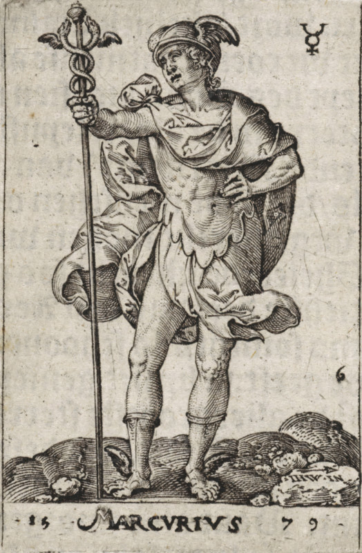 Mercvrivs, Mercury, Gods seated on the seven planets, print, book illustration, Series number, 6, 7, Mercury in armor, in his hand a staff with the caduceus., printmaker: Johannes Wierix, Antwerp, publisher: Nicolaes de Clerck, Delft, 1579, 1609, paper, engraving, letterpress printing, gravure, verso letterpress, height 55 mm x width 37 mm, Print used as illustration in: Const-toonneel, inhoudende de beschrijvinghe ende XL. Wonderful images of them: Our Lord Jesus Christ, with his apostles and the evangelists, together with the chief virtues and the vices. And finally the seven planets. Carved in copper by Johannis Wierix. The description is, 1609., A standing male figure rendered in a detailed black ink engraving, wearing a winged helmet and a short tunic with a draped cloak over one shoulder, holds a long staff topped with a rod entwined by serpents in his outstretched hand; his other hand rests near his waist. The figure is shown with defined muscles and layered, flowing fabric arou...