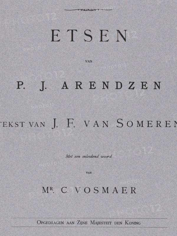 Cover for 'Moderne Kunst in Nederland. Etchings by PJ Arendzen, text by JF Someren', issue 29, wrapper, publisher: Tjomme van Holkema, Amsterdam, printmaker: Petrus Johannes Arendzen, dedicated to: Willem III (King of the Netherlands), c. 1786 - c. 1787, paper, letterpress printing, letterpress printed in black and red on purple paper, height 600 mm x width 428 mm, A textured gray paper sheet with dark printed ornamental line near the top and several lines of dark serif lettering spaced vertically across the page, including a prominent large word near the upper center, a centered small line of text below it, a long line of widely spaced letters across the middle, a line of italicized cursive text roughly centered lower, and a bold line of large serif letters above the lower third, with a dotted horizontal rule and another line of serif text near the bottom edge.