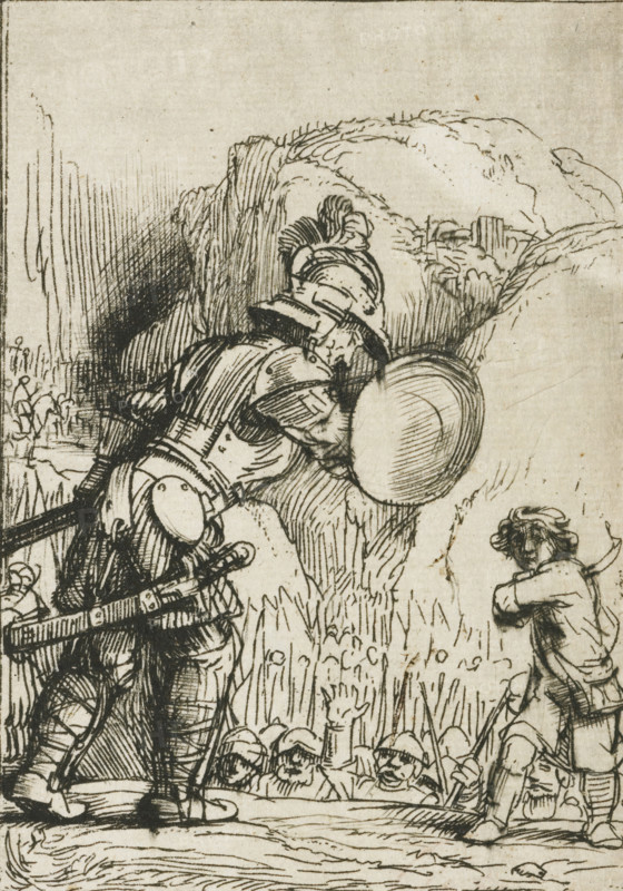David and Goliath, Four illustrations for a Spanish book, print, signature and date: 'Rembrandt f 1655', printmaker: Rembrandt van Rijn, 1655, paper, etching, drypoint, burin, intaglio printmaking technique, drypoint and burin, printed with light plate tone, height 145 mm x width 80 mm, story of David and Goliath (1 Samuel 17), A pen-and-ink scene showing a large armored figure with plate armor and a helmet leaning forward and carrying a round shield, detailed cross-hatching indicating shadow and texture on the armor and cloak; smaller figures in the foreground and background wear helmets and appear clustered together, some with visible faces and raised hands, while another unarmored figure stands to the right with arms crossed and a turned head; tall grasses and rocky, rounded hills fill the middle and background, and dense linear shading creates depth and contrast across the composition.