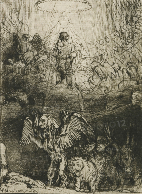 Daniel's vision of the four beasts, Four illustrations for a Spanish book, print, signature and date: 'Rembrandt f 1655', printmaker: Rembrandt van Rijn, after design by Rembrandt van Rijn, 1655, Rembrandt van Rijn, printmaker, paper, etching, drypoint, burin, intaglio printmaking technique, drypoint and burin, printed with light plate tone, height 134 mm x width 82 mm, Daniel's visions (Daniel may be shown having his visions explained, e.g. by the archangel Gabriel), A densely shaded black and white etching showing a group of winged figures and men in varied poses. At the top center a robed figure sits beneath a circular halo with rays descending, facing forward while a cloaked figure stands before them with their back to the viewer. Around them are clustered figures with wings, some bowed and some watching, rendered with heavy crosshatching and textured lines. In the lower half a large winged creature occupies the foreground with detailed feathers and a downward gaze, and beside it a...