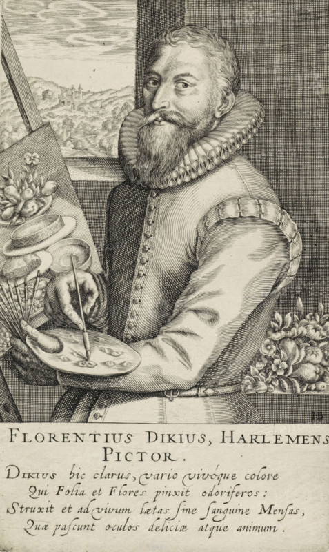 Portrait of Floris Claesz. van Dijck, print, Portrait of the Haarlem painter Floris Claesz. van Dijck with beard and ruffled collar. He stands with a palette and brushes by an easel with a still life. Behind him a forest scene. Below the image, the name and function of the sitter and a four-line eulogy in Latin., Northern Netherlands, after design by Monogrammist HB (painter), after design by Hendrick Bloemaert (possibly), 1600 - 1650, printmaker, paper, engraving, gravure, height 205 mm x width 124 mm, Person, Floris Claesz van Dijck, portrait, self-portrait of painter (artist at work), A finely detailed black and white engraved portrait of a bearded man seated at an easel, turned slightly toward the viewer, wearing a high ruffled collar and fitted clothing with decorative stitching and buttons; he holds a painter’s palette and brushes in one hand while a brush is poised in the other, and a cluster of flowers rests near his elbow; the background shows a window with a distant landscape...