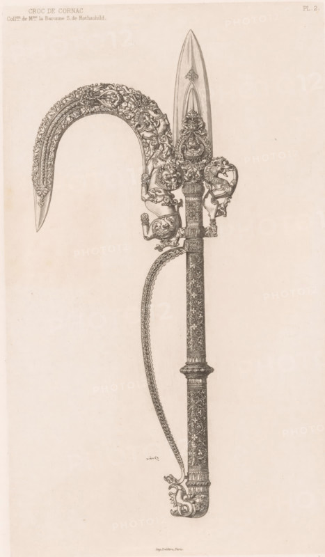 Elephant hook (ankus), Croc de Cornac, print, book illustration, Numbered top right: Pl. 2., printmaker: Edouard Lièvre, printer (person): Delâtre, Paris, publisher: Goupil & Cie., 1866 - 1879, 1866, printer (person), paper, etching, intaglio printmaking technique, height 293 mm x width 176 mm, An upright ornamental polearm with a long straight blade and an ornate curved hook attached near the top, both rendered in fine linework and filled with dense decorative motifs; the curved hook shows intricate floral and scroll patterns and terminates in a pointed tip, while the blade has layered grooves and an embellished central section; the joining area features sculpted animal and floral figures integrated into the metalwork, with a wrapped and patterned shaft below that continues with repeating floral and geometric designs and a curved guard element extending from midshaft; the lower shaft ends in a carved scrolling terminal with additional ornamental flourishes, all depicted on a plain pal...