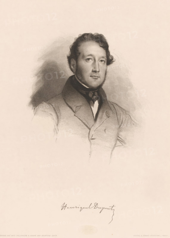 Portrait of Louis Pierre Henriquel-Dupont, Henriquel Dupont, print, printmaker: Aristide Louis, France, after drawing by Paul Delaroche, publisher: Goupil, Vibert & Cie., Paris, London, 1845, paper, chine collé, engraving, engraving on chine collé, height 284 mm x width 213 mm, Person, Louis Pierre Henriquel-Dupont, historical persons, portrait, self-portrait of graphic artist, A sepia-toned engraved portrait of a man shown from the chest up wearing a double-breasted coat with wide lapels and a high collar, a dark cravat tied around his neck, and a white shirt visible beneath; he has wavy hair swept to one side, sideburns, and a composed facial expression with his gaze directed slightly to his right, set against a softly shaded background with faint sketch lines.