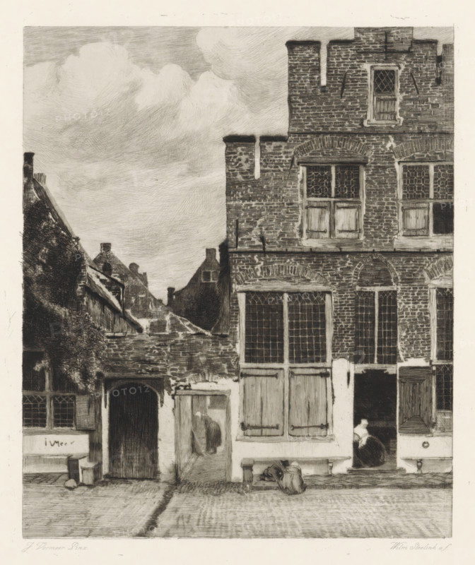 View of houses in Delft, known as 'The Little Street', Street in Delft, print, book illustration, known as 'The Little Street'. The facades of several houses on a street in Delft. Between the houses is a small alley where a woman is bent over a washbasin. In the open doorway of the house on the right, a woman is doing needlework; on the sidewalk in front of the house on the left, two children are playing., printmaker: Willem Steelink (II), Netherlands, after painting by Johannes Vermeer, printer (person): Roeloffzen & Hübner, publisher: Holkema & Warendorf, Van, Amsterdam, 1888 - 1891, printer (person), paper, chine collé, etching, drypoint, etching and drypoint on chine collé, height 347 mm x width 253 mm, A detailed black and white etching of a street scene showing the facade of a tall brick building with multiple windows of small panes and wooden shutters, an arched window detail, and a doorway with a seated figure partially visible inside; adjacent lower buildings with steep roofs,...