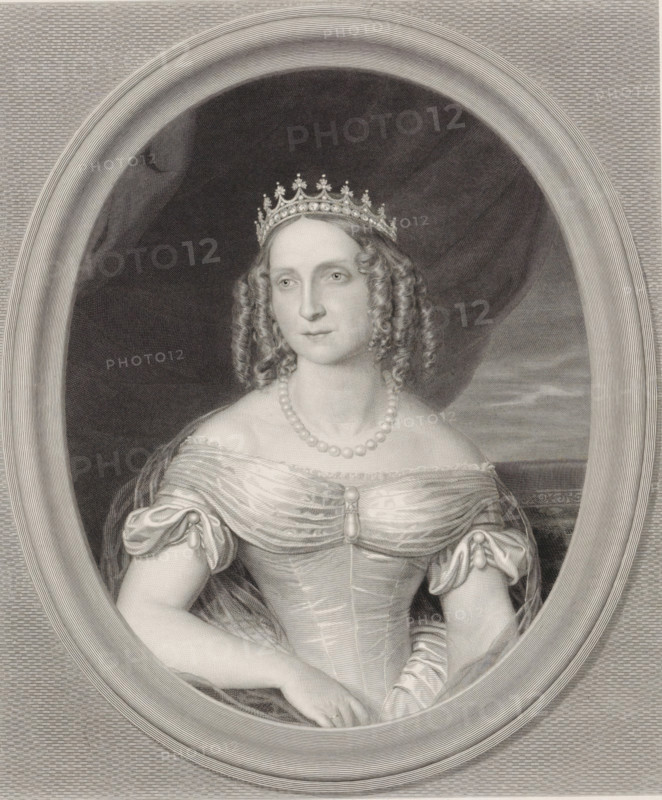 Portrait of Anna Paulowna Romanowa, Queen of the Netherlands, print, check stamp: 'Frans Buffa en Zonen uitgevers Amsterdam', printmaker: Benoit Taurel, publisher: Buffa en Zonen, Frans, Amsterdam, 1846, paper, chine collé, etching, engraving, etching and engraving on chine collé, height 447 mm x width 321 mm, Person, Anna Paulowna Romanowa, An engraved portrait of a woman shown within an oval frame, wearing a jeweled crown and a single-strand pearl necklace, with curled hair falling to her shoulders, a draped off-the-shoulder gown with gathered sleeves fastened by decorative buttons, and her hands resting in her lap; the background inside the oval is dark and textured while the outer area shows fine parallel lines.