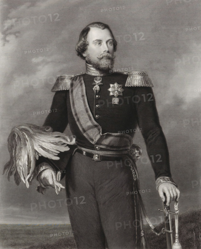 Portrait of William III, King of the Netherlands, print, check stamp: 'François Buffa & Fils', Van Someren 720, printmaker: Benoit Taurel, after painting by Jan Willem Pieneman, publisher: Buffa en Zonen, Frans, Amsterdam, 1849 - 1859, paper, chine collé, etching, steel engraving, etching and steel engraving on chine collé, height 482 mm x width 340 mm, Person, Willem III (king of the Netherlands), A black and white engraved portrait of a man shown from head to mid-thigh wearing a dark military uniform with decorative shoulder epaulettes and a sash across his chest, a star-shaped medal and other insignia pinned to his chest, a belt with a buckle and a sword hanging at his side, a feathered plumed helmet held in one gloved hand, short wavy hair and a full mustache and beard, and a neutral background with subtle shading.