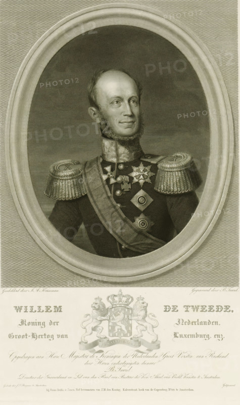 Portrait of William II, King of the Netherlands, print, check stamp: 'François Buffa & Fils', caption: 'Printed by the undersigned plate printer in Amsterdam JF Brugman, Presented to the Municipal Government of the City of Amsterdam, by the undersigned as publishers of this plate in compliance with the Law. Amsterdam 13 January 1842 Frans Buffa & Zonen.', printmaker: Benoit Taurel, after painting by Jan Adam Kruseman, publisher: Buffa en Zonen, Frans, Amsterdam, printer (person): JF Brugman, dedicated to: Anna Paulowna Romanowa, dedicated to: City of Amsterdam, 1842, printer (person), materials by function, paper, ink, etching, steel engraving, pen, steel engraving and pen in brown, height 452 mm x width 317 mm, Person, William II of the Netherlands, A framed engraved portrait of a man shown from the chest up inside an oval border, wearing a dark military uniform with ornate shoulder epaulettes and a sash across his chest, his uniform decorated with multiple star-shaped and cross-shape...