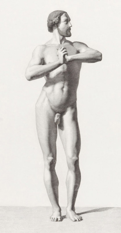 Standing male nude, print, with hands clasped., inscription: 'to the well-known Mr. Büchler, from his obedient servant', printmaker: Edouard Taurel, dedicated to: Daniël David Büchler (possibly), 1834 - 1892, paper, etching, engraving, etching and engraving on chine collé, height 440 mm x width 315 mm, hands folded, nude with covered genitals, human figure of ideal proportions, eg academic nude, A monochrome drawing of a standing nude male figure seen full-length, facing slightly to the side with his head turned to look outward, hair styled short and wavy and a short beard on his face, arms raised and hands clasped together near chest level, a defined muscular torso and abdomen, visible genitals, long legs with detailed musculature, bare feet planted on a textured ground, soft shadowing around the feet and under the body, and a plain light background.