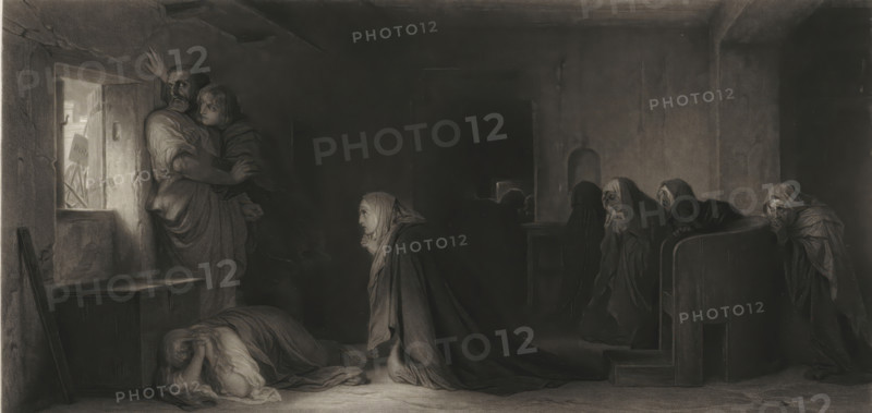 Interior with figures, print, printmaker: Edouard Girardet, after painting by Paul Delaroche, publisher: Goupil & Cie., 1829 - 1880, paper, chine collé, etching, stipple work, height 344 mm x width 561 mm, interior of the house, A dim interior scene rendered in monochrome shows several robed figures arranged across the room. At the left a bearded man stands near a small window, holding a younger person close; light comes through the window illuminating their faces and the surrounding wall. Below them a figure lies curled on the floor with a hand covering their head. Toward the center a crouching or kneeling figure in a long dark cloak looks toward the standing pair. Along the right side a row of seated and leaning figures in layered robes and head coverings occupy benches and a raised platform, some with hands near their faces. The room contains simple furnishings including a small chest and a slanted board near the window, and an arched recess set into the far wall; shadows dominate t...
