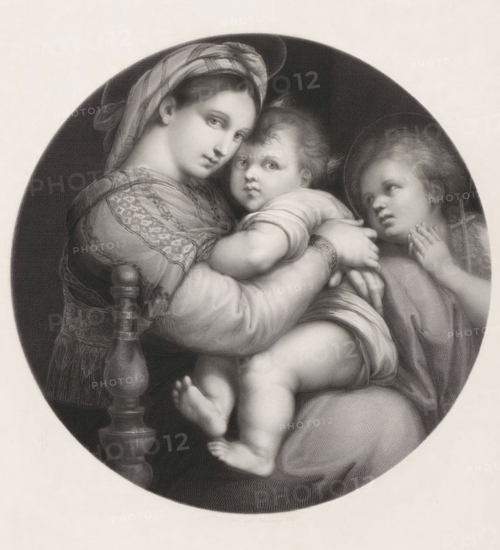 Tondo with Mary with Child and John the Baptist, print, printmaker: Eduard Mandel (signed by artist), after painting by Rafaël, publisher: EH Schroeder, Berlin, 1865, paper, chine collé, steel engraving, steel engraving on chine collé, height 481 mm x width 417 mm, Madonna: ie Mary with the Christ-child, John the Baptist as child, Madonna-representations (NB secondary notation only), A grayscale circular portrait showing a woman wearing a patterned headscarf and textured clothing holding a chubby child whose gaze is forward; the woman's face is close to the child's and she looks outward with a calm expression, her arm wrapped around the child's torso and a hand visible with a bracelet on the wrist; to the right another child with curly hair and folded hands looks toward the central child, a faint halo-like outline around the heads, and a turned wooden chair spindle visible at the left edge.