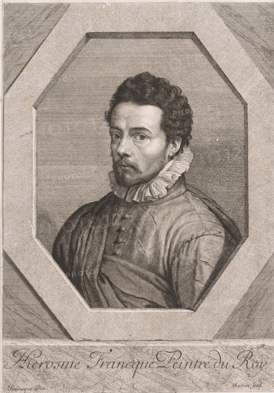 Portrait of Hieronymus (I) Francken, print, printmaker: Jean Morin, after painting by Hieronymus Francken (I), 1640 - 1650, paper, etching, stippelwerk, engraving, height 312 mm x width 218 mm, Person, historical persons, portrait, self-portrait of artist, A monochrome engraved portrait shows a man with short curly hair and a trimmed beard and mustache, gazing slightly to his left. He wears a high, ruffled collar and a buttoned garment with visible folds and textured shading. The figure is set within an octagonal frame with crosshatched background patterns, and the overall image is rendered with fine line work and stippling.
