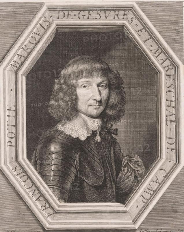 Portrait of François Potier, marquis de Gesvres, print, printmaker: Jean Morin, after painting by Philippe de Champaigne, grantor of privilege: French crown, France, 1640 - 1650, paper, etching, stippelwerk, height 310 mm x width 253 mm, Person, François Potier (Marquis de Gesvres), historical persons, A monochrome engraved portrait shows a man with shoulder-length wavy hair and a composed facial expression, wearing a lace collar and a decorative bow at his throat, a textured garment beneath and a piece of armor on one shoulder, all set within an octagonal frame with parallel lined shading filling the background.