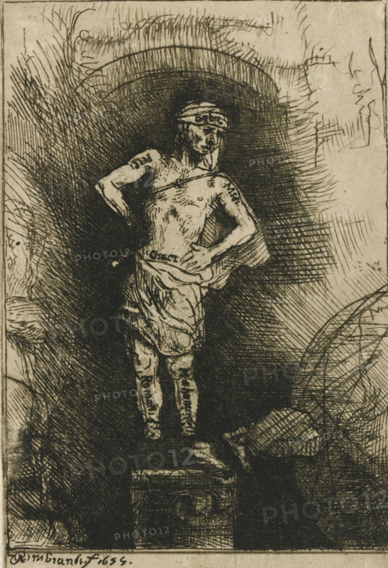 The image seen by Nebuchadnezzar, Four illustrations for a Spanish book, print, signature and date: 'Rembrandt f 1655', printmaker: Rembrandt van Rijn, 1655, paper, Japanese paper, etching, drypoint, burin, intaglio printmaking technique, drypoint and burin, printed with light plate tone, height 109 mm x width 69 mm, King Nebuchadnezzar dreams of a great statue, A dark-toned etching shows a standing male figure on a pedestal, depicted with a partly draped cloth around his waist and one hand resting on his hip while the other arm is bent outward. The figure is rendered with fine, crosshatched lines and appears in front of a heavily shaded, arch-like backdrop formed by dense etching strokes. The man's head bears a band or cap and his facial features are sketched with delicate lines. The surrounding area includes textured shading and sketchy lines suggesting rough surfaces and a framed border at the image edges.