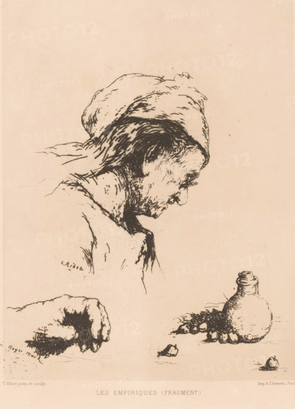 Composition with head of an old woman, a hand and a jug, Les Empiriques (Fragment), print, printmaker: Théodule Augustin Ribot, printer (person): Alexandre Clément, Paris, dedicated to: Roger Marx, 1833 - 1891, printer (person), paper, etching, drypoint, intaglio printmaking technique, etching and drypoint on tone block in gray, height 251 mm x width 195 mm, old woman, container of ceramics: jar, jug, pot, vase, postures and gestures of arms and hands, A sepia-toned ink sketch shows a profile of an older person wearing a loose head covering, with a downward gaze and detailed hair and facial lines; below and to the right are small still-life elements including a rounded bottle-like vessel with a narrow neck, a collection of round objects resembling fruit or nuts, and a few scattered pebbles; toward the lower left is a sketch of a resting hand with visible knuckles and short nails, and faint sketch lines and shading appear throughout the page.