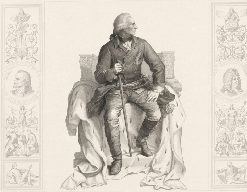 Sitting monarch, print, check stamp: 'DA ...', printmaker: Albert Teichel, Germany, after drawing by Wilhelm von Kaulbach, printer (person): L. Angerer, 1832 - 1873, printer (person), paper, etching, engraving, height 399 mm x width 479 mm, Person, Louis XIV (king of France), Oliver Cromwell, historical persons not known by name, ruler, sovereign, A seated man in historical dress faces to the side, wearing a double-breasted coat with a decorative insignia and a cravat, one hand resting on a sword and the other on his knee; he sits on an ornate chair draped with a heavy fur-lined cloak that cascades to the floor, showing detailed folds and texture. The man has styled hair tied at the back and wears breeches and boots with visible buckles and folds. Flanking the central figure are vertical panels filled with small vignette scenes and ornamental motifs, including profile portraits and allegorical figures, all rendered in fine line engraving on a plain, lightly textured background. The ima...