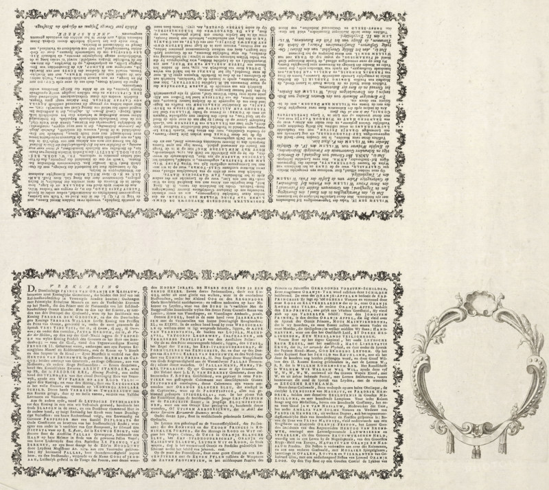 Explanation accompanying the allegory in honor of the King of Prussia for the restoration of the Stadholdership of William V, 1788, text sheet, Text sheet with an explanation of the allegory in honor of the King of Prussia for the restoration of the Stadholdership of William V, 1788. Explanation in Dutch in two parts of three columns each printed on one sheet, also accompanied by an empty cartouche., writer (clerical worker): Johannes le Francq van Berkhey, 1789, writer (clerical worker), paper, letterpress printing, etching, engraving, text and ornament in letterpress, vignette in etching and engraving, height 450 mm x width 535 mm, Person, William V (Prince of Orange-Nassau), Restoration of Stadholder William V (1787), Prussian invasion of the Republic, Period, 1787, A sheet of aged paper with a rectangular block of dense printed columns framed by an ornate floral border positioned toward the top left, the same ornate border repeated along the bottom edge, and a large decorative oval...