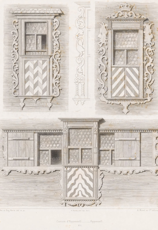 Three views of windows with decorative elements of a house in the canton of Appenzell, Canton d'Appenzell - Appenzell, L'Architecture Pittoresque en Suisse ou Choix de Constructions Rustiques, print, Series number, 4, Numbered bottom center: No. 6. Part of a cover with four prints., inscription: 'a', printmaker: Pierre Amedée Varin, France, printmaker: Eugène-Napoléon Varin, printer (person): Chardon ainé, F., Paris, publisher: A. Morel & Cie., 1860, printer (person), paper, etching, engraving, height 343 mm x width 248 mm, rural housing, eg country-house, villa, cottage, architectural detail, Appenzell, The image shows detailed architectural drawings of decorative wooden window and door frames arranged vertically, with ornate carved scrollwork and symmetrical patterns. At the top left is a framed window with a patterned lower panel of zigzag shapes and an upper pane divided into smaller textured panes, surrounded by scrolling floral carvings and topped with a small projecting cornice....