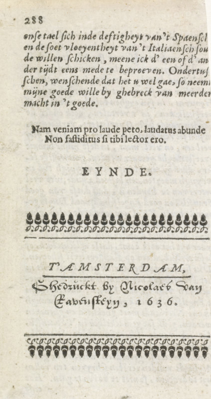 Leaf from a book with a publisher's address, book illustration, text sheet, publisher: Nicolaes van Ravesteyn, Amsterdam, 1636, Nicolaes van Ravesteyn, publisher, paper, letterpress printing, text in letterpress on recto and verso, height 120 mm x width 64 mm, A vertical aged paper page with printed lines of dark ink text and ornamental rows; the top shows a block of cursive-like type followed by a short centered line in bold type, then a larger spaced word in uppercase type, below which is a decorative horizontal band of repeated floral or acorn motifs above a thin rule. Further down the sheet is another centered line in stylized script with a hand-drawn appearance, underlined by a thicker rule, and near the bottom is a second decorative band mirroring the first. The paper shows slight discoloration, faint stains, and a textured grain throughout.