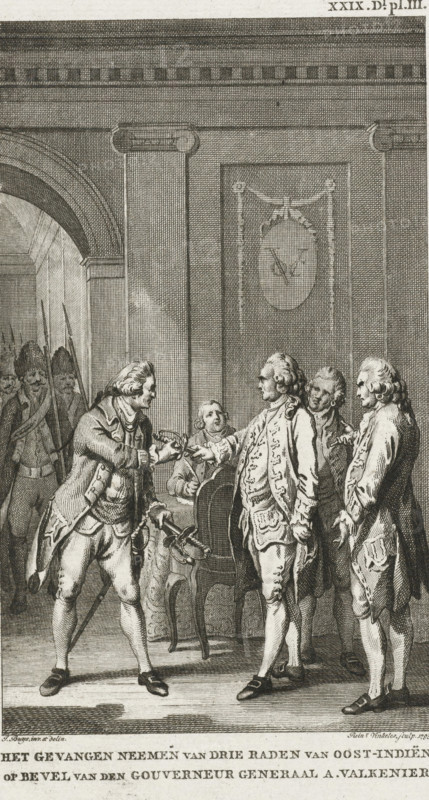 Capture of three councilors of the VOC, 1740, The capture of three councilors of the East Indies, by order of Governor-General A. Valkenier, print, historical print, The capture of three members of the Council of the Indies in Batavia Gustaaf Willem van Imhoff, Isaac van Schinne and Elias Haese by order of Governor-General Adriaan Valkenier, December 1740. Marked upper right: XXIX. Vol. pl. III., printmaker: Reinier Vinkeles (I), Northern Netherlands, after drawing by Jacobus Buys, 1793, paper, etching, engraving, etching and engraving, height 227 mm x width 140 mm, Used as illustration in: Jacobus Kok, Vaderlandsch Woordenboek, Johannes Allart, Amsterdam 1785-1799, 35 volumes, vol. 29, pl. 3., Person, Dutch East India Company, Gustaaf Willem baron van Imhoff (1705-1750), Adriaan Valckenier, arrest (of criminal), Java, West Java, Batavia, A detailed black and white engraving shows an interior scene with tall paneled walls and an archway on the left, through which uniformed soldiers wit...