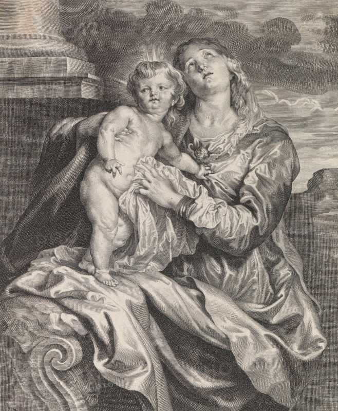 Mary with child, print, album page, Mary looks up to heaven. The Christ Child stands on her lap. In the margin a four-line caption, in two columns, in Latin. This print is part of an album., printmaker: Paulus Pontius, Antwerp, after painting by Anthony van Dyck, publisher: Antoine Bonenfant, 1613 - 1658, unknown, grantor of privilege, paper, engraving, engraving pasted on album page, height 298 mm x width 221 mm, Mary sitting or enthroned, the Christ-child standing on her knee (Christ-child to Mary's left) - FF - the Christ-child to Mary's right, A detailed black and white engraving shows a seated woman holding a naked infant on her lap; the woman has long wavy hair and is looking upward with a contemplative expression while wearing a draped garment with visible folds and a decorative brooch at her chest, and the infant has curly hair, a rounded face, and reaches outward with one hand while the other hand rests near the woman's fingers; both figures are surrounded by flowing fabric wi...