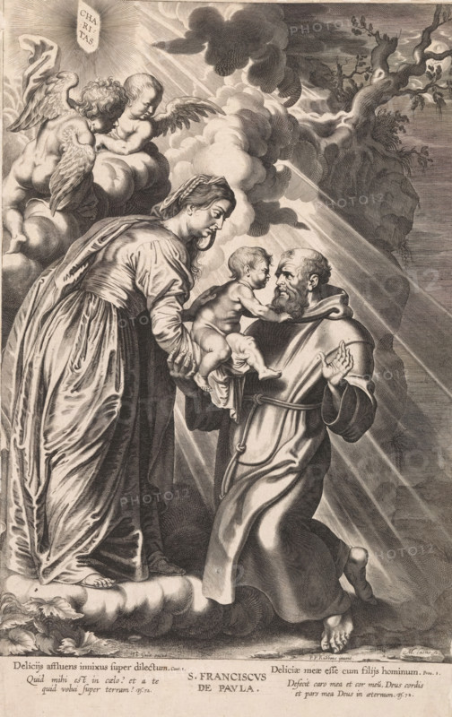 S. Franciscus de Pavla, Mary hands over the Christ Child to H. Francis of Paola, print, album page, This print is part of an album., printmaker: Michel Lasne, France, after design by Peter Paul Rubens, publisher: Theodoor Galle, 1600 - 1633, paper, engraving, engraving pasted on album page, height 359 mm x width 222 mm, the hermit and founder of the (Franciscan) Minim Friars, Francis of Paola, possible attributes: inscription 'Charitas' on breast, discipline, skull, staff, A monochrome engraved scene showing a standing robed woman on a cloud handing a naked infant toward a kneeling bearded man in a hooded robe who reaches up with one hand while the other supports the child; two winged cherubs hover among clouds above the woman, and rays of light stream diagonally across the composition from the upper left; a rocky, gnarled tree rises behind the kneeling man, and textured clouds fill the upper background; the figures wear flowing drapery with detailed linear shading and the lower edge o...