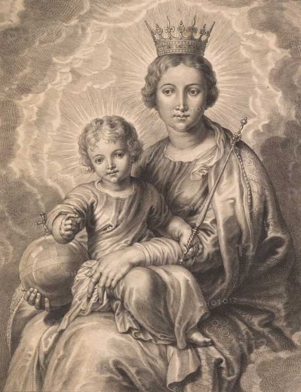 Maria mater dei, regina caeli, Mary with child and globe, print, album page, Mary with crown and globe as queen of heaven and child with scepter. This print is part of an album., printmaker: Schelte Adamsz. Bolswert, Southern Netherlands, after painting by Peter Paul Rubens, 1596 - 1659, unknown, provider of privilege, paper, engraving, engraving pasted on album page, height 286 mm x width 220 mm, Mary sitting or enthroned, the Christ-child in front of her in her lap (or in front of her bosom), 'Regina Coeli', 'Regina Angelorum', 'Maestà', Madonna, A monochrome engraved image showing two figures seated together against a radiating background and surrounded by cloud-like lines, one figure appearing youthful with curly hair and a garment draped over the shoulder, holding a spherical object with banded circular lines, the other figure wearing a decorative crown and layered robes, holding a long ornate staff and with one hand resting on the seated figure, both faces rendered with fine line...