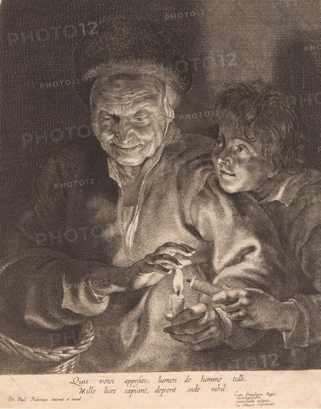 Old woman and boy with candles, print, album page, A boy takes over the flame from the old woman's candle with his candle. In the margin a two-line caption in Latin. This print is part of an album., printmaker: attributed to Paulus Pontius, after painting by Peter Paul Rubens, publisher: Peter Paul Rubens, grantor of privilege: Infanta of Spain Isabella Clara Eugenia, 1613 - 1658, Paulus Pontius, Peter Paul Rubens, Infanta of Spain Isabella Clara Eugenia, printmaker, after painting by, publisher, grantor of privilege, Attributed to, paper, etching, engraving, etching and engraving, pasted on album page, height 145 mm x width 198 mm, boy (child between toddler and youth), old woman, candle, scenes symbolizing 'Vanitas', An engraved image shows two figures close together illuminated by a small candle held in front of them; an older person with a rounded hat and deep facial lines looks downward with a slight smile while a younger person with short wavy hair leans in from the side, gazing ...