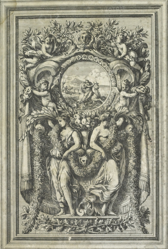 Panel with the Abduction of Europa in a medallion, Ornemens de Paneaux, print, album page, ornamental print, Series number, 6, Panel with the Abduction of Europa in a medallion. From a series of ornamental panels for wooden paneling for rooms and galleries. Print is part of an album., printmaker: Jean Lepautre, publisher: Pierre Mariette (II), Paris, grantor of privilege: Louis XIV (King of France), c. 1655 - c. 1657, Louis, An ornate vertical engraving showing a framed decorative panel with an elaborate border of parallel lines enclosing a central composition dominated by flowing drapery, garlands, and carved foliage; near the top two reclining cherubic figures sit among leafy scrolls flanking a circular medallion that contains a small seascape with a rider on a rearing horse and distant hills; beneath the medallion two standing female figures face slightly towards each other, each wearing flowing robes and surrounded by heavy swags of flowers and cascading foliage, their arms support...