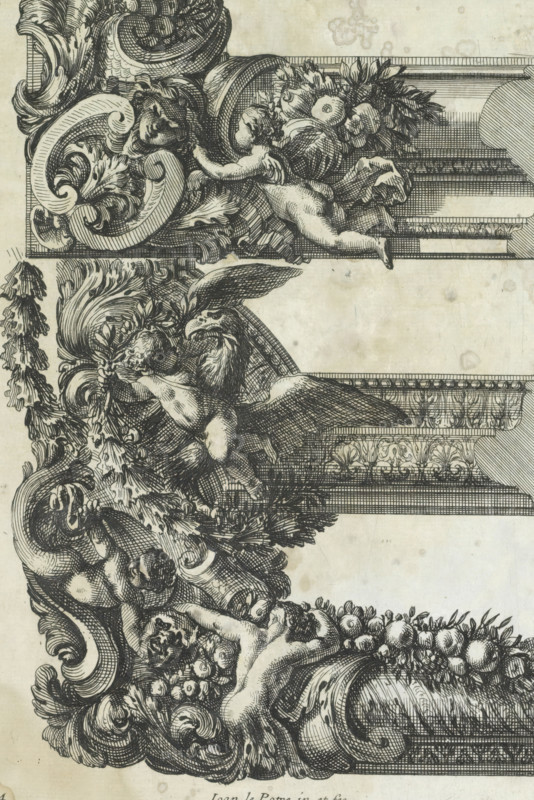 Three corners of frames, Bordures de Tableau a la Romaine, print, album page, ornamental print, Series number, 4, 6, Decorated with putti, leaves and fruit garlands. Print is part of an album., printmaker: Jean Lepautre, publisher: Pierre Mariette (II), Paris, grantor of privilege: Louis XIV (King of France), c. 1655 - c. 1657, paper, etching, height 212 mm x width 144 mm, ornaments, art, ornament, festoon, garland, A detailed black ink engraving showing ornate decorative scrollwork and foliage with swirling acanthus leaves and carved volutes, featuring cherubic figures integrated into the ornamentation; one cherub is reclining and holding a garland of fruit and leaves, another is paired with a winged eagle-like creature amid feathers and floral elements, and a third appears nestled among the scrolls. The design includes clusters of round fruit and dense leafy bouquets, hatched shading and crosshatching throughout, and architectural banding with carved friezes and egg-and-dart molding ...