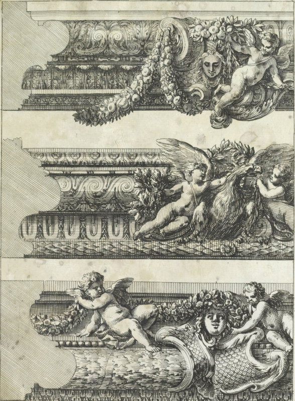 Three fragments of frames with profile, Bordures de Tableau a la Romaine, print, album page, ornamental print, Series number, 5, 6, The middle frame with an eagle flanked by two children. Print is part of an album., printmaker: Jean Lepautre, publisher: Pierre Mariette (II), Paris, grantor of privilege: Louis XIV (King of France), c. 1655 - c. 1657, paper, etching, height 214 mm x width 147 mm, cupids: 'amores', 'amoretti', 'putti', ornaments, art, ornament, festoon, garland, A detailed engraving showing ornate horizontal architectural ledges decorated with scrollwork and floral patterns, with garlands of fruits and leaves draped across the upper band; cherubic figures with wings are integrated into the decoration, one reclining and holding foliage while another reaches toward a large bird with outstretched wings, and another cherub appears to recline on a lower ledge; a carved human mask with stylized hair and a wreath-like headdress is set among the motifs; dense parallel hatching an...