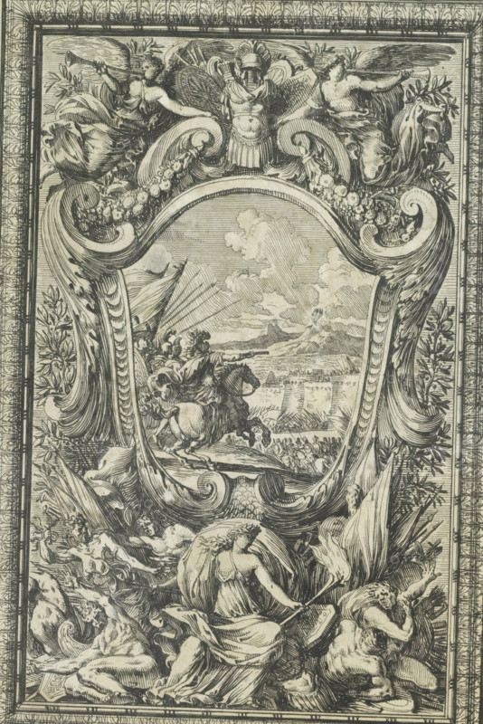 Panel with siege of city in cartouche, Ornemens de Paneaux, print, album page, ornamental print, Series number, 6, Print is part of an album., printmaker: Jean Lepautre, publisher: Pierre Mariette (II), Paris, grantor of privilege: Louis XIV (King of France), c. 1655 - c. 1657, paper, etching, height 223 mm x width 150 mm, ornaments, art, siege, An intricate vertical engraving shows a central oval scene framed by ornate scrolling foliage and garlands, topped by a winged helmeted figure flanked by two reclining winged figures holding a trumpet and a branch; within the oval a rider on a rearing horse is accompanied by draped figures against a landscape of distant hills and clouds; surrounding the central panel are flowing acanthus-like leaves, clusters of fruit, and a crowded arrangement of partially draped human figures in dynamic poses, some reclining and some kneeling, with detailed linear shading throughout and decorative patterned borders along the edges.