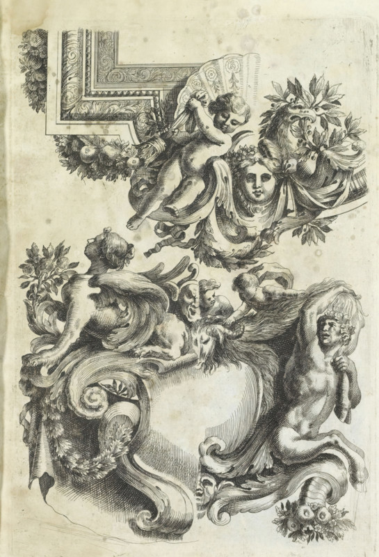 Ceiling and cartouche, Varie soffiti, print, album page, ornamental print, In the lower left corner sits a sphinx on a cartouche, with a variant for the right half. From a series of 6 sheets with reverse-sided copies after an untitled series by Jean Lepautre, first published around 1650. Print is part of an album., printmaker: Cornelis Galle (II), Antwerp, after design by Jean Lepautre, after 1650 - before 1678, paper, etching, height 220 mm x width 148 mm, ornaments, art, (decorated) ceiling, sphinx (lion, woman), 'Sphinge' (Ripa), The image shows an ornate black and white engraving featuring decorative scrollwork and stylized floral garlands, a reclining cherublike figure holding drapery near a fan-shaped decorative element, a classical mask with flowing drapery and foliage above a beastlike head entwined with leaves, several nude human figures integrated into the swirling ornamental forms, a goatlike head near the center surrounded by small human figures, and various carved volutes ...