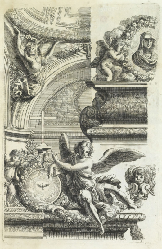 Ceiling, Varie soffiti, print, album page, ornamental print, At the bottom, the crown element of a choir screen is visible with the Holy Spirit in a round medallion. From a series of 6 sheets with reverse-sided copies after an untitled series by Jean Lepautre, first published around 1650. Print is part of an album., printmaker: Cornelis Galle (II), Antwerp, after design by Jean Lepautre, after 1650 - before 1678, paper, etching, height 222 mm x width 143 mm, ornaments, art, (decorated) ceiling, Holy Ghost represented as a dove (in flames), A detailed engraved scene shows ornate architectural mouldings and decorative scrollwork framing several sculpted figures; a large winged angel reclines on a ledge with flowing drapery and an arm extended, surrounded by garlands of fruit and foliage. Above, a cherubic figure with wings kneels on an elevated plinth next to a circular wreath of fruit, and a sculpted female bust in draped robes appears within the wreath. To the left, another robust wing...
