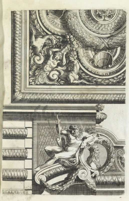 Ceiling and part of a wall, Varie soffiti, print, album page, ornamental print, At the top a quarter of a ceiling. At the bottom a part of a wall: behind an open pediment with a river god. Print is part of an album., printmaker: Cornelis Galle (II), Antwerp, after design by Jean Lepautre, after 1650 - before 1678, paper, etching, height 220 mm x width 146 mm, ornaments, art, river-gods, (decorated) ceiling, A detailed black and white engraving shows an ornate architectural and sculptural composition with decorative borders and circular medallions; the upper left contains a corner panel with swirling acanthus leaves, fruit clusters, and reclining stylized animals intertwined with roundel motifs and shell shapes, all framed by multiple linear moldings and patterned bands. Below this, a sculpted male figure reclines on a curved ornamental support, holding a long rod and leaning against a circular wreath that contains a bearded portrait bust; the figure is muscular with flowing hair and a ...