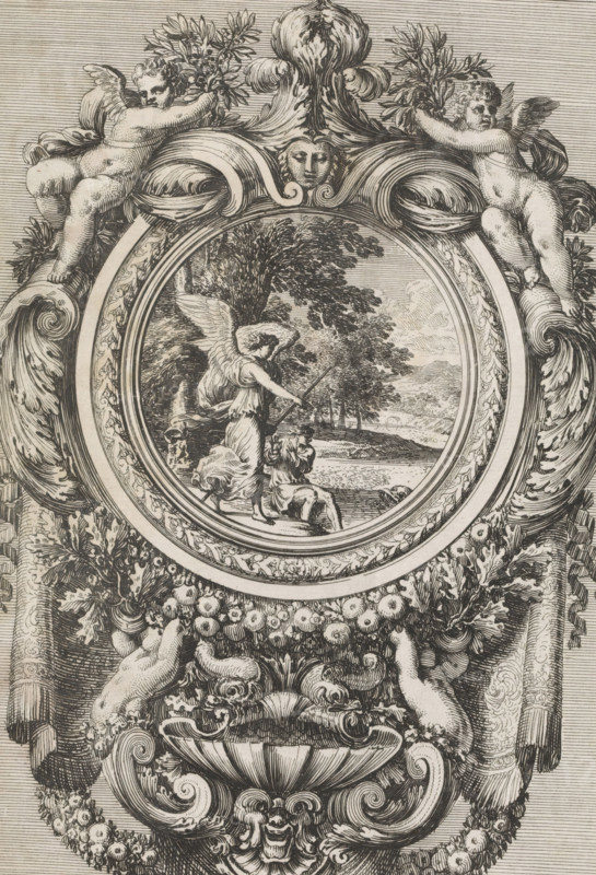 Holy water trough with Tobias and the angel, Inuentions pour faire des plaques ou des Aubenistiers seruans aux Orfeures, print, album page, ornament print, Holy water trough in the shape of a shell with a medallion with Tobias and the angel on the back plate. Print is part of an album., printmaker: Jean Lepautre, Paris, publisher: Pierre Mariette (II), 1659, paper, etching, height 221 mm x width 150 mm, ornaments, art, a large fish appears while Tobias is washing his feet, he is frightened, the angel Raphael tells Tobias to cut the fish to pieces, Holy Water font, An ornate oval frame with carved scrollwork encloses a circular pastoral scene; within the scene a winged figure in flowing drapery stands on a shoreline holding a staff while a seated smaller figure looks up, trees and distant water form the background; the frame is richly decorated with floral garlands, fruit clusters, volutes, and a shell-like basin at the bottom, flanked by reclining putti and cherubic figures entwined wi...