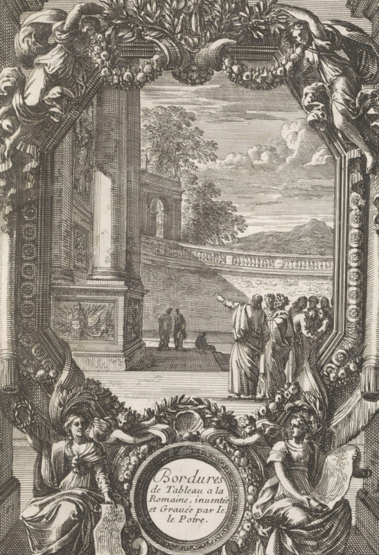 Hexagonal frame, Bordures de Tableau a la Romaine, print, album page, ornamental print, title print, Hexagonal richly decorated frame depicting people looking up at a building with monumental columns. In the center below, the series title in a medallion flanked by women, each holding an ornamental drawing. Print is part of an album., printmaker: Jean Lepautre, publisher: Pierre Mariette (II), Paris, grantor of privilege: Louis XIV (King of France), 1655 - 1657, paper, etching, height 213 mm x width 145 mm, ornaments, art, index finger forwards, pointing, indicating, frame of painting, A detailed monochrome engraving shows an ornate architectural frame with carved garlands, drapery, and sculpted figures surrounding a central scene; inside the frame a terrace or balcony overlooks a landscape with distant hills, a balustrade, and a sky with clouds, while a group of robed figures stand on the terrace with one pointing outward and two smaller figures walk along a colonnaded walkway; decorat...