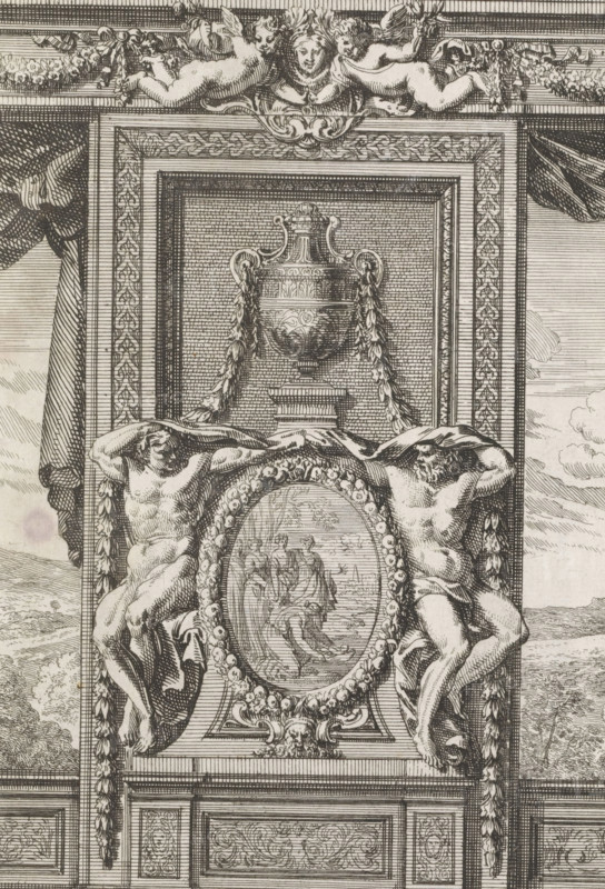 Wall panel with a depiction of Moses being found by the Pharaoh's daughter, Dessein's De lambris à l'Italienne, print, album page, ornamental print, Series number, 6, Wall panel with an oval depiction of Moses being found by the Pharaoh's daughter. Print is part of an album., printmaker: Jean Lepautre, publisher: Pierre Mariette (II), Paris, 1659, paper, etching, height 221 mm x width 149 mm, ornaments, art, the finding of Moses: Pharaoh's daughter comes to bathe with her maidens in the river and discovers the child floating on the water, panelling, A detailed engraved architectural panel shows an ornate framed recess with a large decorative urn at the center top, flanked by garlands hanging down. Two muscular male figures in contorted poses lean inward from each side, their arms raised over their heads as they support an oval medallion between them. The oval medallion contains a smaller scene with figures and a draped composition, surrounded by a carved bead-and-flower border. Above t...