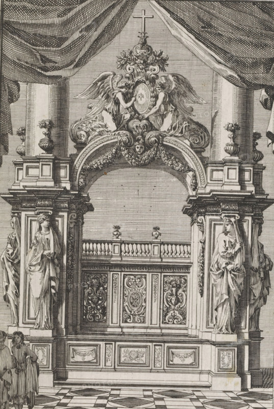 Choir stall between two columns, Choir stalls, print, album page, ornamental print, Choir stall between two columns. Above the choir stall a crown element with two kneeling angels with a medallion bearing the dove of the Holy Spirit. Print is part of an album., printmaker: Jean Lepautre, publisher: Jean Le Blond (II), Paris, grantor of privilege: Louis XIV (King of France), after 1666 - 1709, paper, etching, height 210 mm x width 145 mm, ornaments, art, seats of the clergy, choir-stalls, A detailed architectural engraving showing an ornate interior with a large decorated archway topped by a sculptural crest featuring winged figures flanking an oval medallion and a cross above, heavy drapery hanging from the ceiling, paired classical statues in flowing robes standing on tall plinths at each side of the arch, elaborately carved panels and balustrade behind the arch, urns with floral arrangements on plinths, patterned marble flooring in the foreground, and two robed figures partially visi...