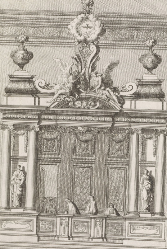 Choir pew with Ionic columns on either side, Nouuelles Inuentions pour faire les bancs des choeur, print, album page, ornament print, Series number, 4, 6, Choir pew with Ionic columns on either side. Print is part of an album., printmaker: Jean Lepautre, publisher: Pierre Mariette (II), Paris, c. 1657 - c. 1665, paper, etching, height 225 mm x width 151 mm, ornaments, art, seats of the clergy, choir-stalls, A detailed architectural engraving showing an ornate section of an interior with a large double door framed by decorated pilasters and panels, sculpted figures set in niches on either side, and an elaborate entablature above featuring scrollwork, floral urns, and reclining winged figures flanking a central cartouche topped by a wreath; below the entablature a balcony or railing with carved panels and small human figures in robes is visible, and the background is filled with finely hatched shading and intricate ornamental patterns.
